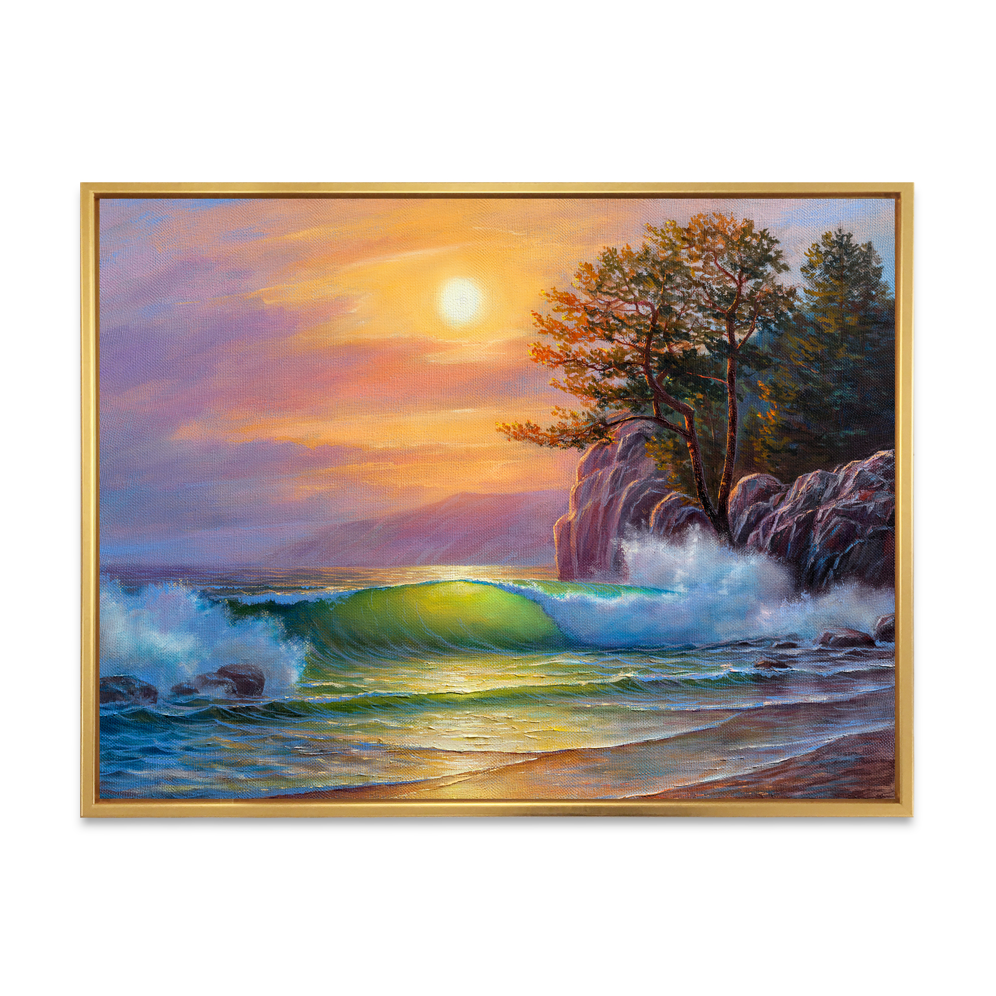 Sunrise On Sea Waves By The Pine Trees 20 in x 12 in Framed Painting Canvas Art Print, by Designart