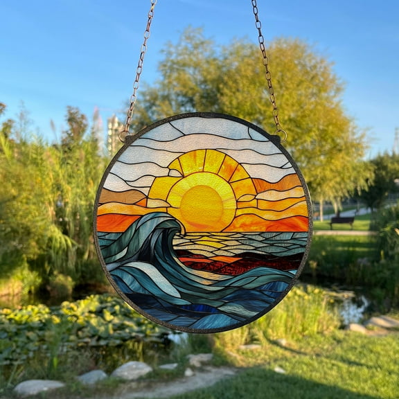 Sunrise On The Sea Painted Stained Glass Suncatcher, Window Hanging Decor, Outdoor Sun Catcher Decor, Beach House Decor, Coastal Glass Art
