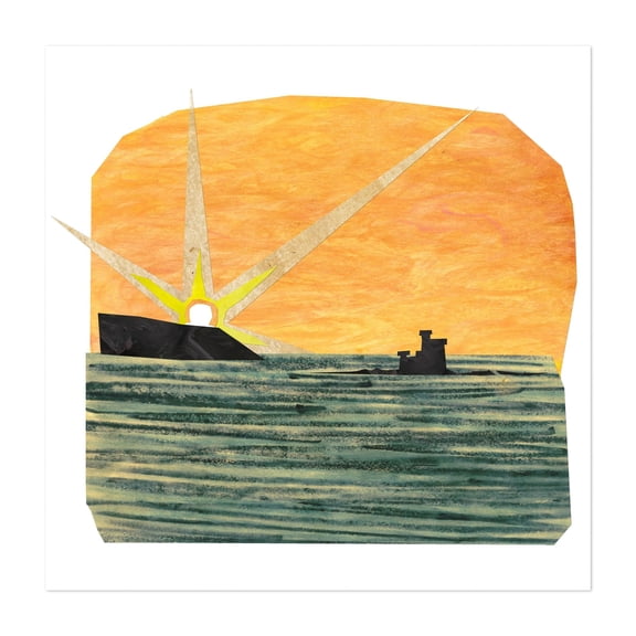 Sunrise over Onchan Head - Onchan Isle of Man Collage Sunset Boat Seascape Abstract Silhouette Minimalist Ocean Unframed Wall Art Print 24 x 24 inches