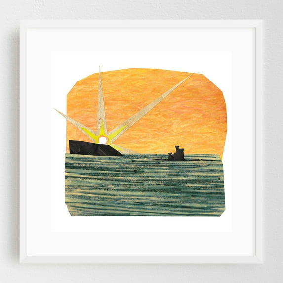 Sunrise over Onchan Head - Onchan Isle of Man Collage Sunset Boat Seascape Abstract Silhouette Minimalist Ocean White Framed Wall Art Print 8 x 8 inches