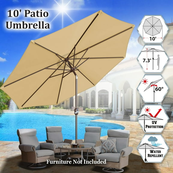 Sunrise Outdoor 10' Patio Umbrella 8 ribs with Tilt and Crank Garden Parasol Market Sunshade Umbrella (Beige)