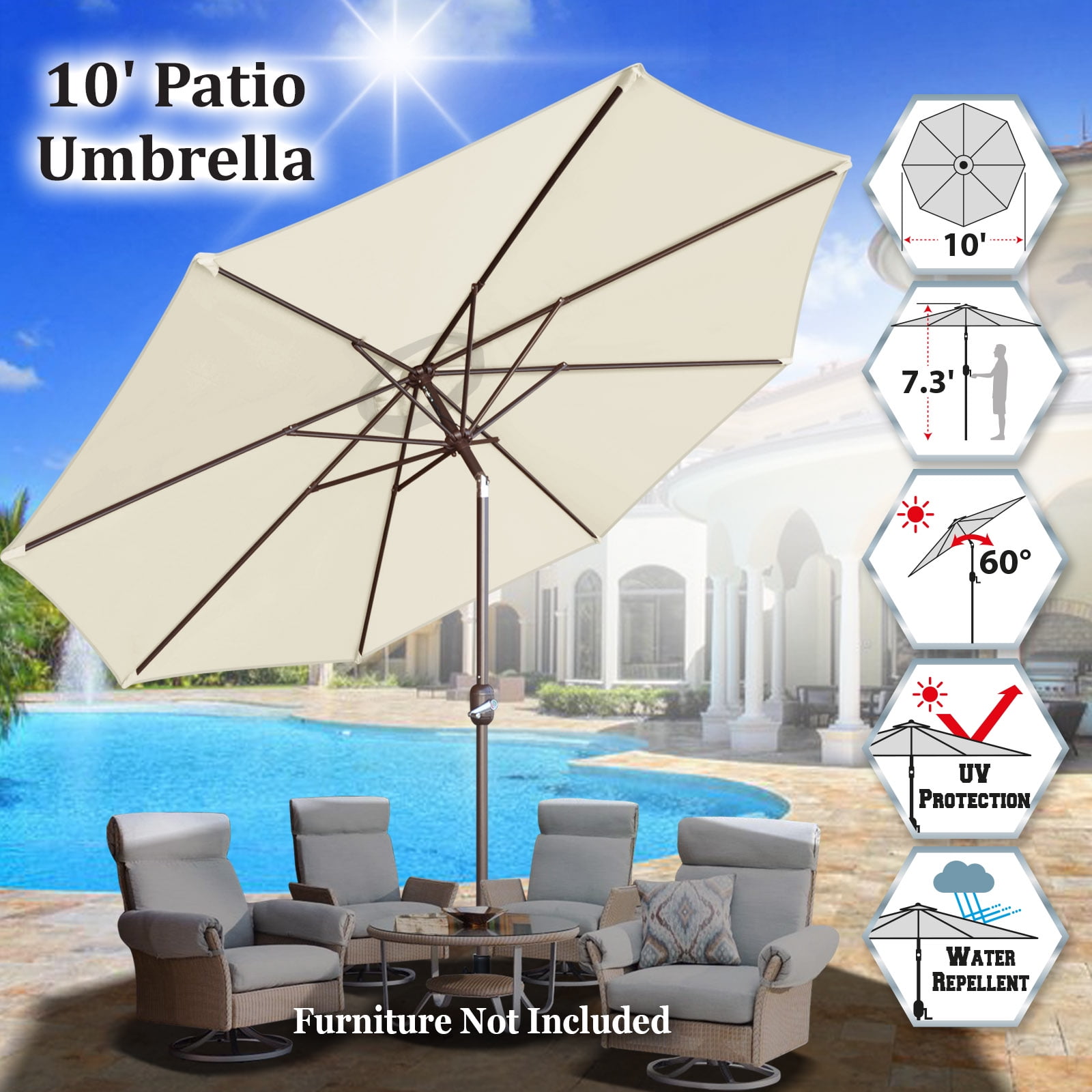 Sunrise Outdoor 10' Patio Umbrella 8 ribs with Tilt and Crank Garden Parasol Market Sunshade Umbrella (Ecru)