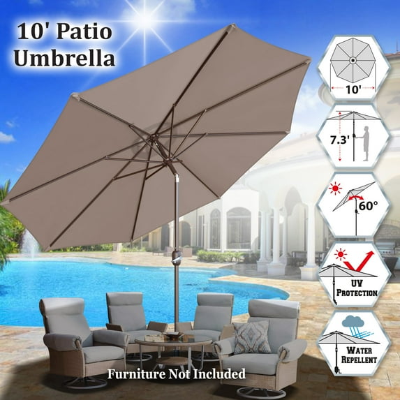 Sunrise Outdoor 10' Patio Umbrella 8 ribs with Tilt and Crank Garden Parasol Market Sunshade Umbrella (Taupe)