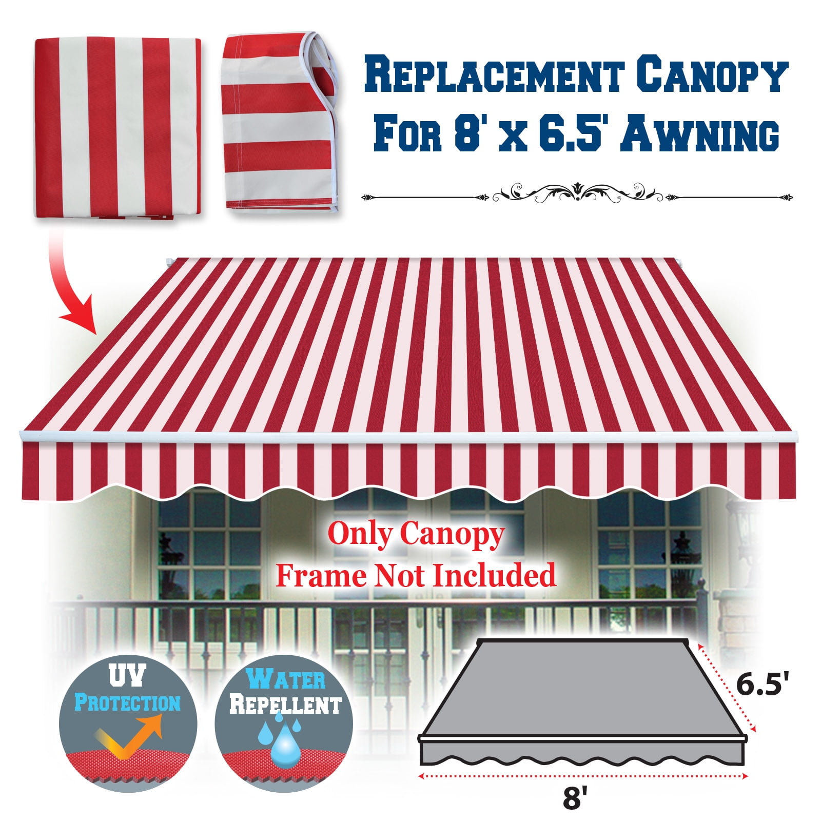 Sunrise Outdoor 8' x 6.4' Replacement Canopy for Manual Yard Retractable Patio Deck Awning Sunshade （Cover Only, Frame is not Included）-Red with White