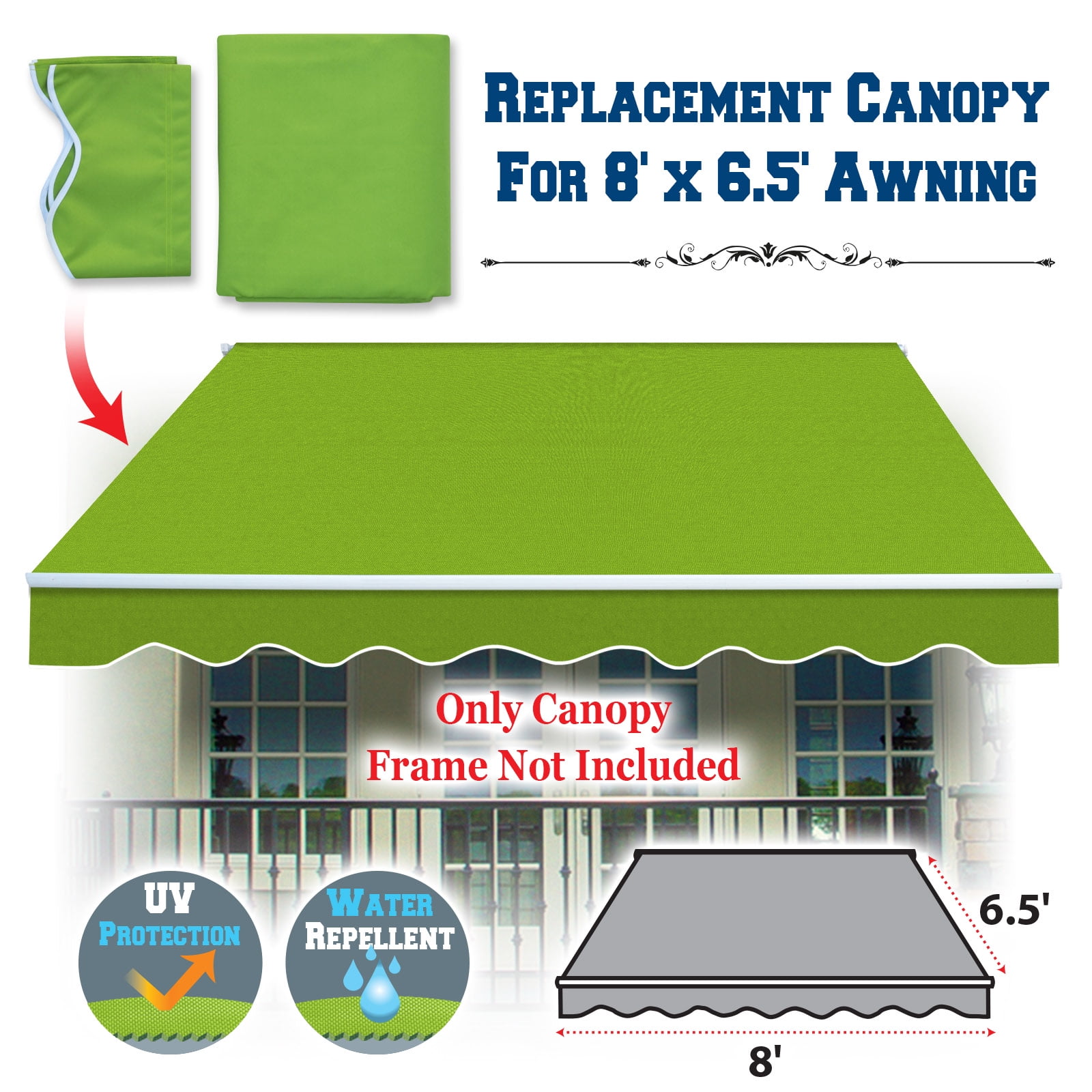 Sunrise Outdoor 8' x 6.4' Replacement Canopy for Manual Yard Retractable Patio Deck Awning Sunshade （Cover Only, Frame is not Included）-Apple Green