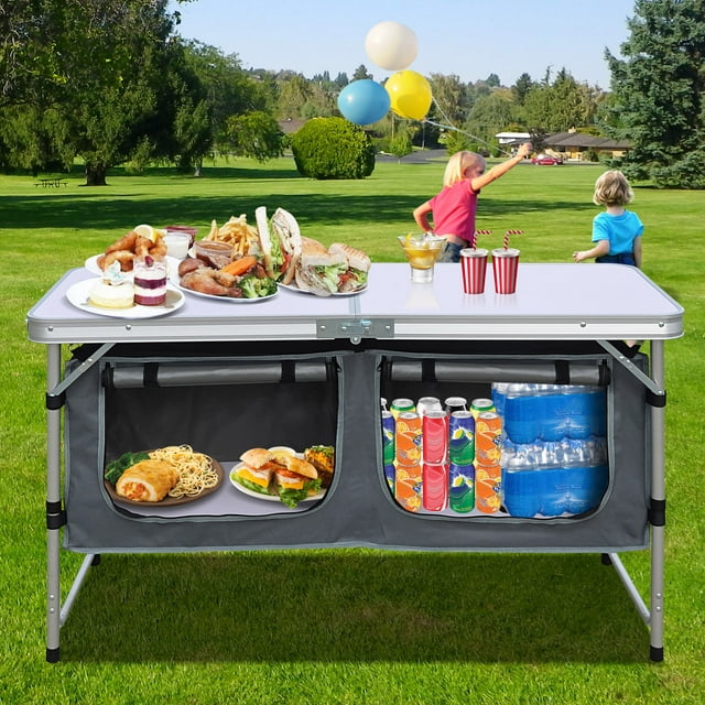 Sunrise Outdoor Folding Table 47 Inch Aluminum Lightweight Camping Picnic Table Adjustable Height with Storage Organizer