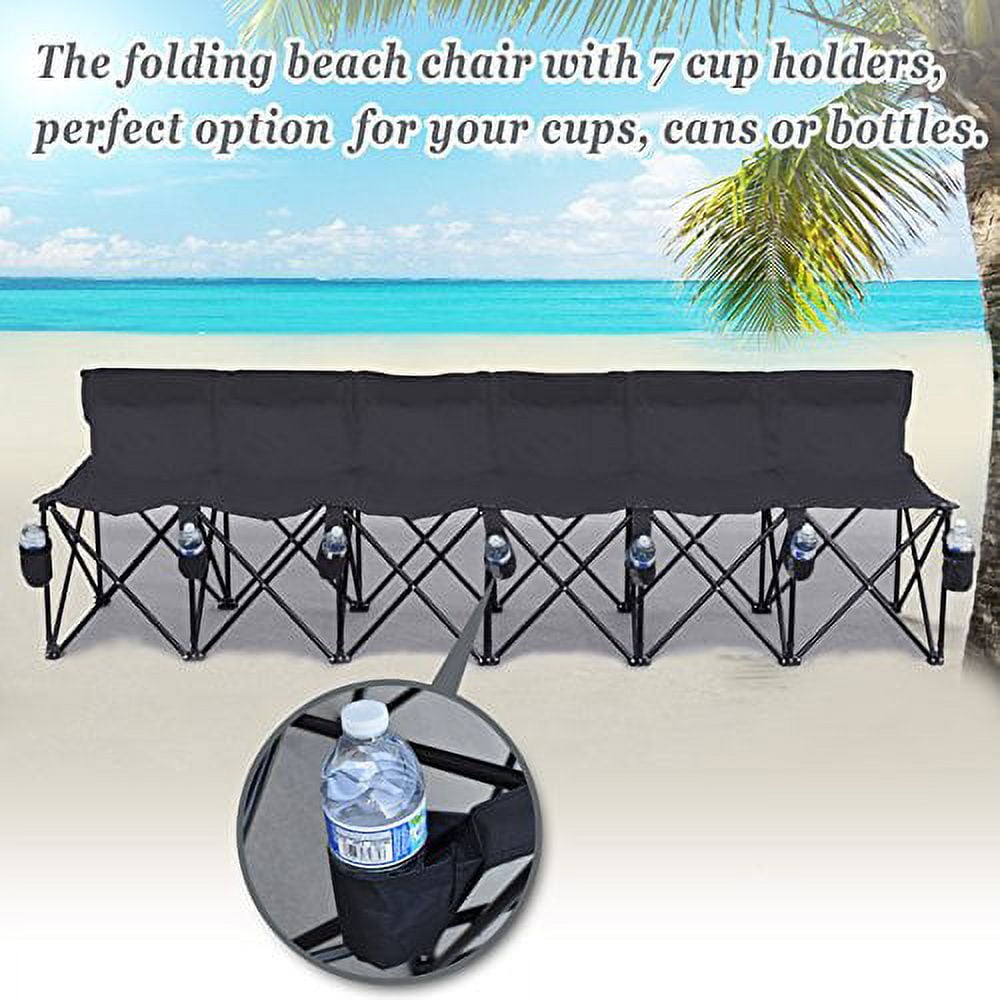 Sunrise Outdoor Folding Team Sports Bench For 6 Person, W/Cup holder and Carry Bag Black