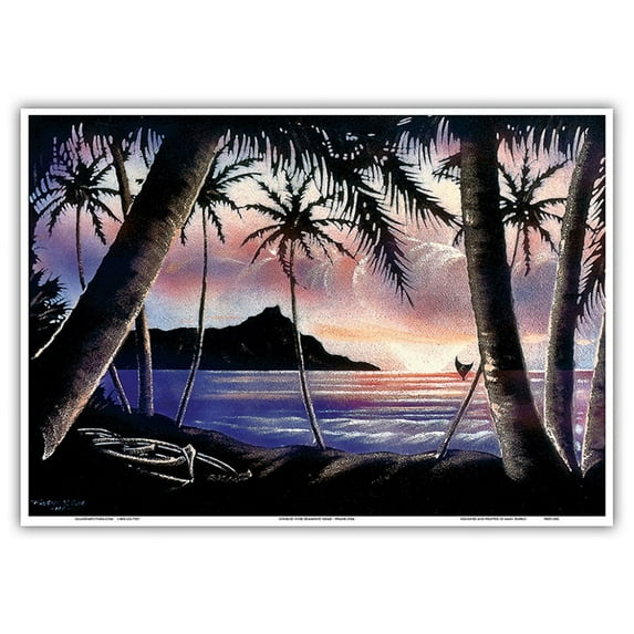 Sunrise Over Diamond Head - Vintage Hawaiian Black Velvet Art by Frank Oda (Hale Pua Studio) c.1940s - Master Art Print 10in x 14in