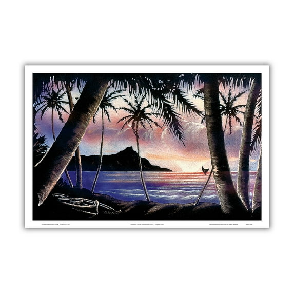 Sunrise Over Diamond Head - Vintage Hawaiian Black Velvet Art by Frank Oda (Hale Pua Studio) c.1940s - Master Art Print (Unframed) 12in x 18in