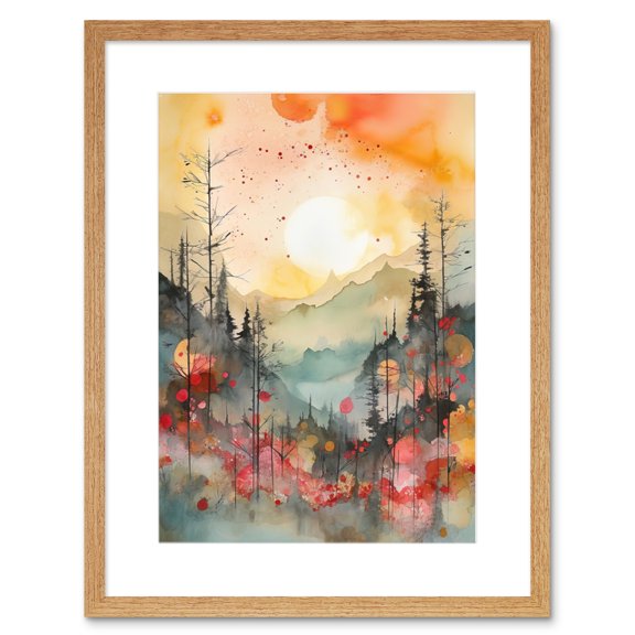 Sunrise Over Misty Mountain Forest Landscape Modern Watercolour Painting Artwork Framed Wall Art Print 9X7 Inch