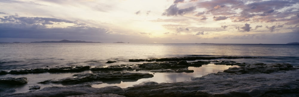 Sunrise Over Ocean And Rocky Coastline Fiji Canvas Art - Bill Schildge Design Pics (36 x 12)