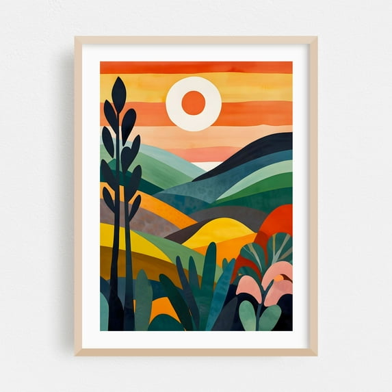 Sunrise Over Rolling Hills - India Painting Abstract Geometric Landscape Sunset Nature Modern Art Oak Framed Wall Art Print 12 x 16 inches