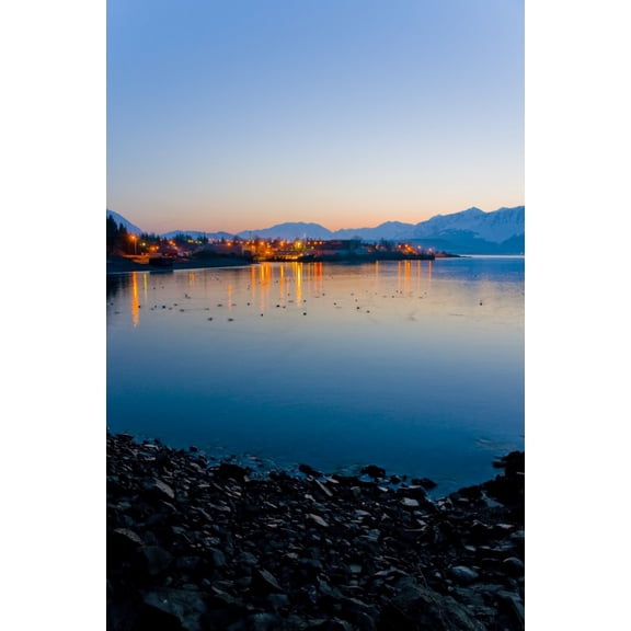 Sunrise Over The Lights Of Seward Alaska And Resurrection Bay With The Kenai Mountains In The Background On Kenai Penin