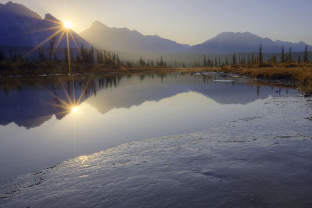 Sunrise Over The North Saskatchewan River In The Canadian Rockies Alberta Canada Canvas Art - Dan Jurak Design Pics (34 x 22)