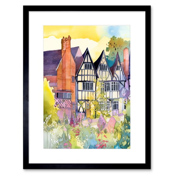 Sunrise Over Tudor Houses and Spring Blossoms Modern Watercolour Painting Artwork Framed Wall Art Print 9X7 Inch