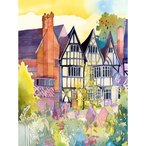 Sunrise Over Tudor Houses and Spring Blossoms Modern Watercolour Painting Extra Large XL Wall Art Poster Print