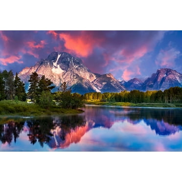 Sunrise at Oxbow Bend Grand Teton National Park Photo Photograph Mountain Nature Landscape Scenic Scenery Parks Picture America Trees Autumn Lake Reflection Cool Wall Art Print Poster 18x12