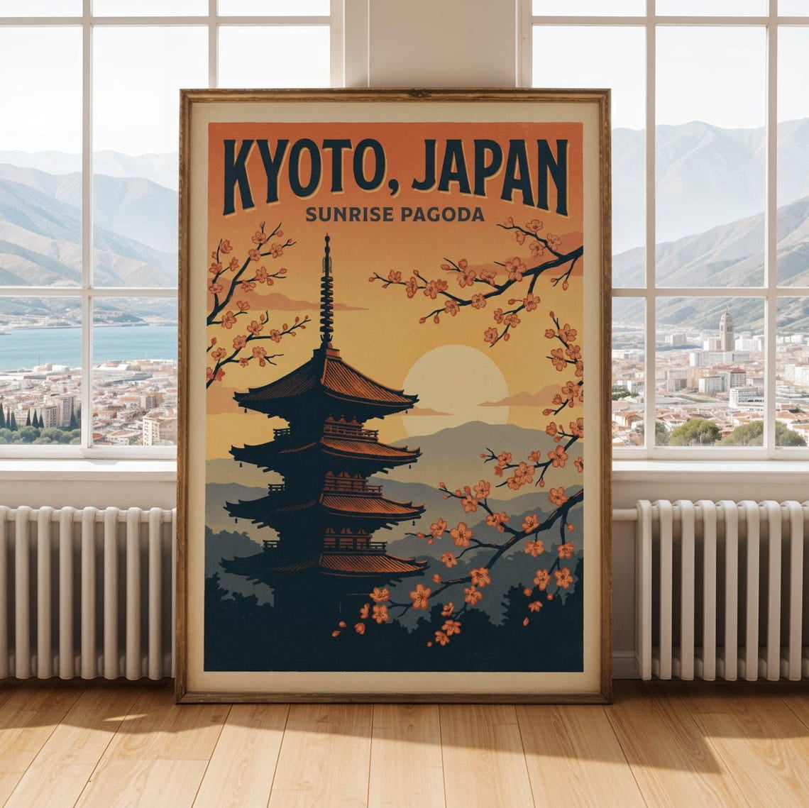Sunrise Pagoda Kyoto Japan Poster, Retro Travel Screenprint, Orange And ...