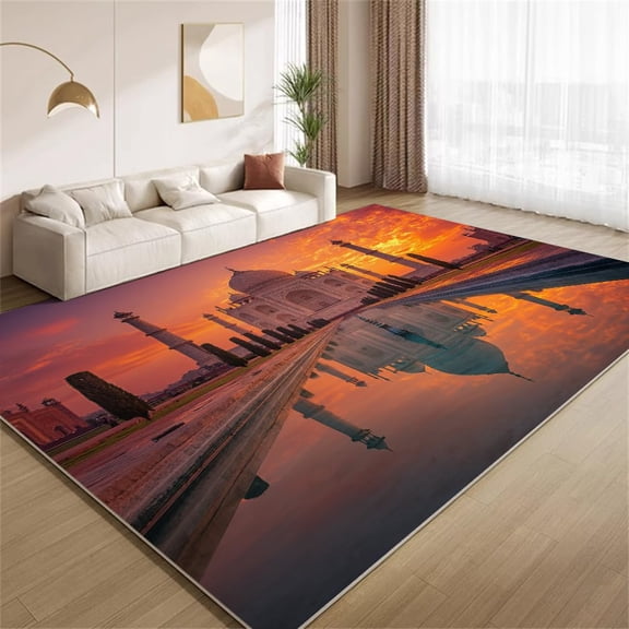Sunrise Palace Area Rugs, Indian Landscape Pattern Carpet, Washable Non Slip Low Pile Soft Rug for Living Room Bedroom Decor Mat 5x8ft