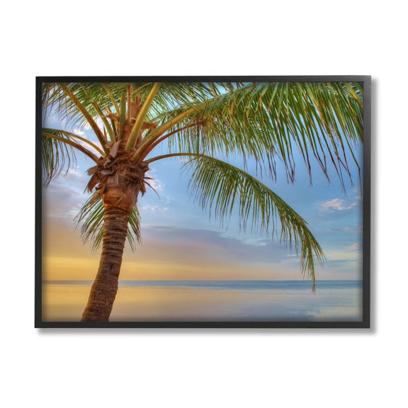 Sunrise Palm Tree Sky Reflection Coastal Photograph Black Framed Art Print Wall Art