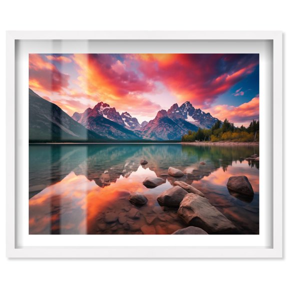 Sunrise Peaks Reflected Shadowbox Print Travel Photography by Notoriart, White Frame, 31 x 25