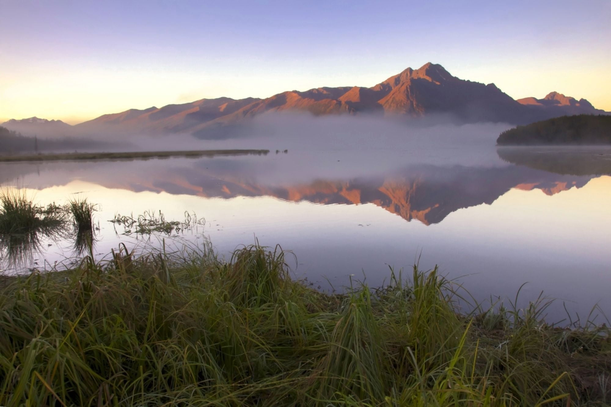 Sunrise On Pioneer Peak With Small Misty Lake In The Foreground Mat-Su Valley Southcentral Alaska Autumn Canvas Art - Michael Criss Design Pics (34 x 22)