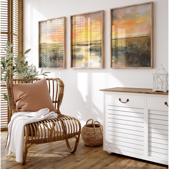 Sunrise Print Set Summer Marshland Landscape For Peaceful Wall Decor Set 3 Stretched Canvas 8x12