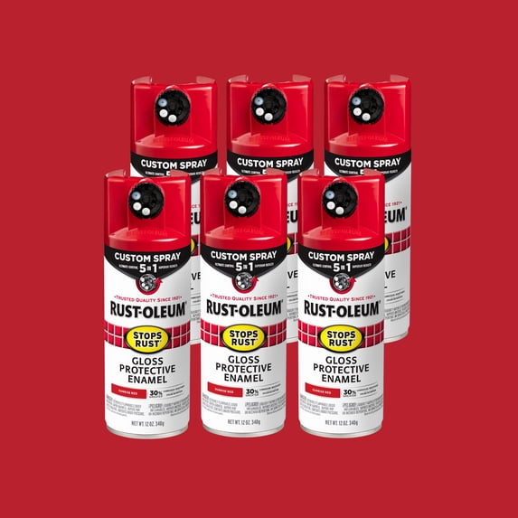 6 Pack, Sunrise Red, Rust-Oleum Stops Rust Custom Spray 5 in 1 Gloss Spray Paint-376899, 12 oz