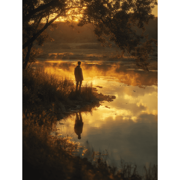 Sunrise Reflection Silhouette Man Canvas Print, Suitable for Living Room, Bedroom, Office, Hotel, Meditation Room