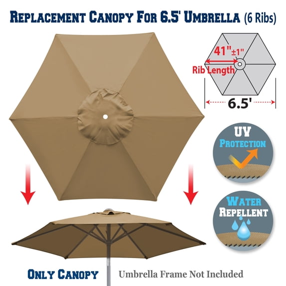 Sunrise Replacement Umbrella Canopy Cover for 6.5' 6 Ribs Outdoor Patio Market Umbrella, Canopy Only, (Tan)