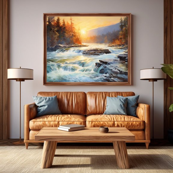 Sunrise River Earthy Tone Landscape Wall Decor Unframed Paper Print
