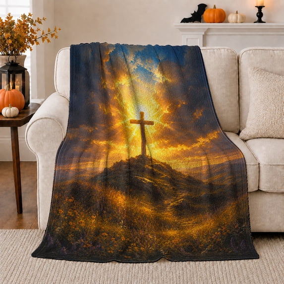 Sunrise Over Rocky Hill Illuminated Cross Faith-Inspired, Cozy Friendship Quote Scene, Warm Flannel Blanket for Living Room and Reading Nook, Art Lovers Encouragement Gift, Artistic Home Decor