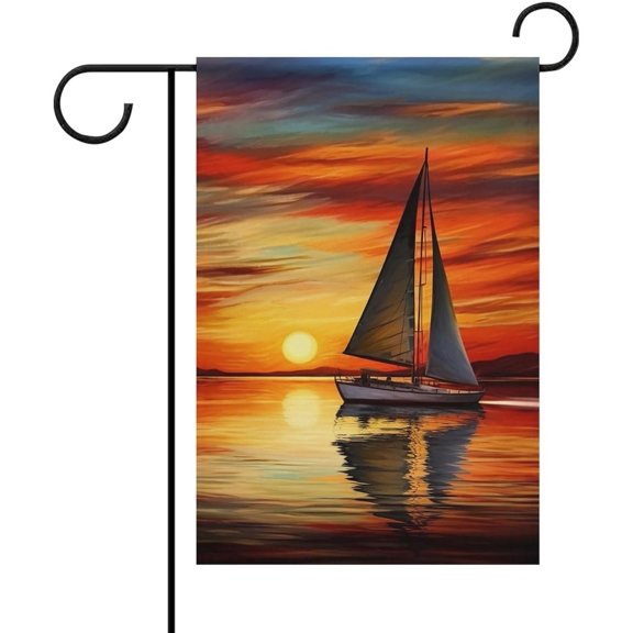 Sunrise Sailing Boat Garden Flags for Outside 12x18 Double Sided Weatherproof Polyester Seasonal Yard Flag with 2" Sleeve & 4 Ties Welcome House Outdoor Banner Decor for Holidays & Gifts