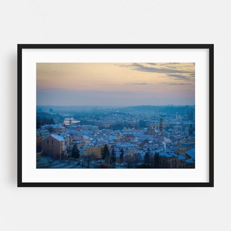 Sunrise over Snowy Prague - Prague Czechia Photography Cityscape Winter Snow Skyline Architecture Sunset Scenic Black Framed Wall Art Print 5 x 7 inches
