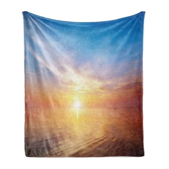 Sunrise Soft Flannel Fleece Throw Blanket, Horizon Seascape Bay Ocean Coastal Charm Sky Tranquil Summer Image, Cozy Plush for Indoor and Outdoor Use, 50" x 70", Orange and Blue, by Ambesonne