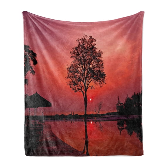 Sunrise Soft Flannel Fleece Throw Blanket, Silhouette of Misty Twilight Sky with Tree and Nature Reflections Exotic Image, Cozy Plush for Indoor and Outdoor Use, 60" x 80", Black Ruby, by Ambesonne