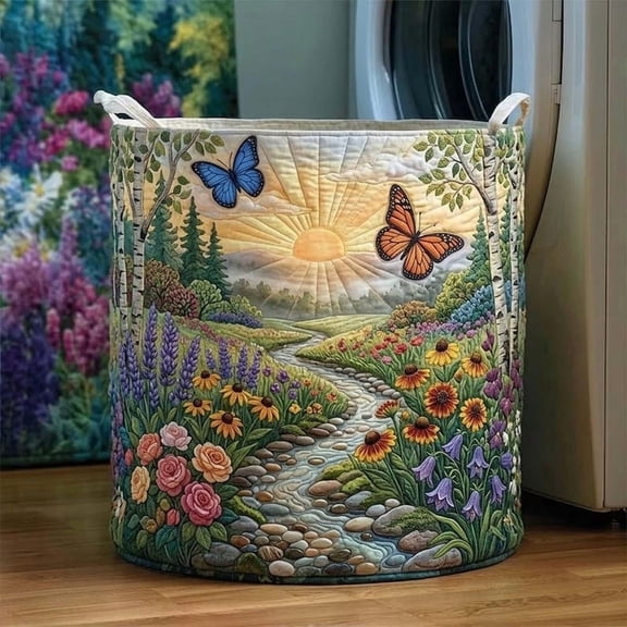 Sunrise Spring Field Quilted Laundry Basket: Flutter Flower Field Hamper, Floral Garden Storage Bin
