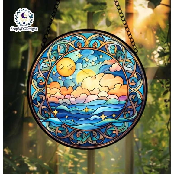 Sunrise Stained Glass Suncatcher, Celestial Acrylic Suncatcher, Fantasy Sky Window Art, Boho Pastel Decor, Gift for Light and Nature Lovers 4296987876