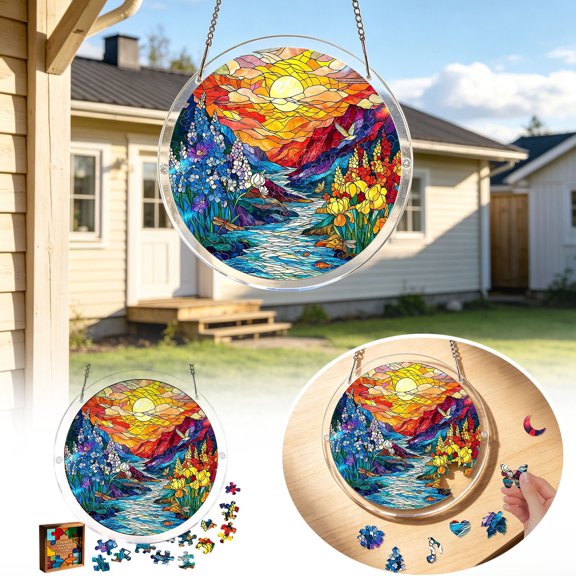 Sunrise Style Acrylic Puzzle Suncatcher, 7.4 Inch DIY Window Hanging,Stained Glass Light Refracting Style,Home Decor, Garden Ornament for Women Men Mom Birthday Gift Home Decor