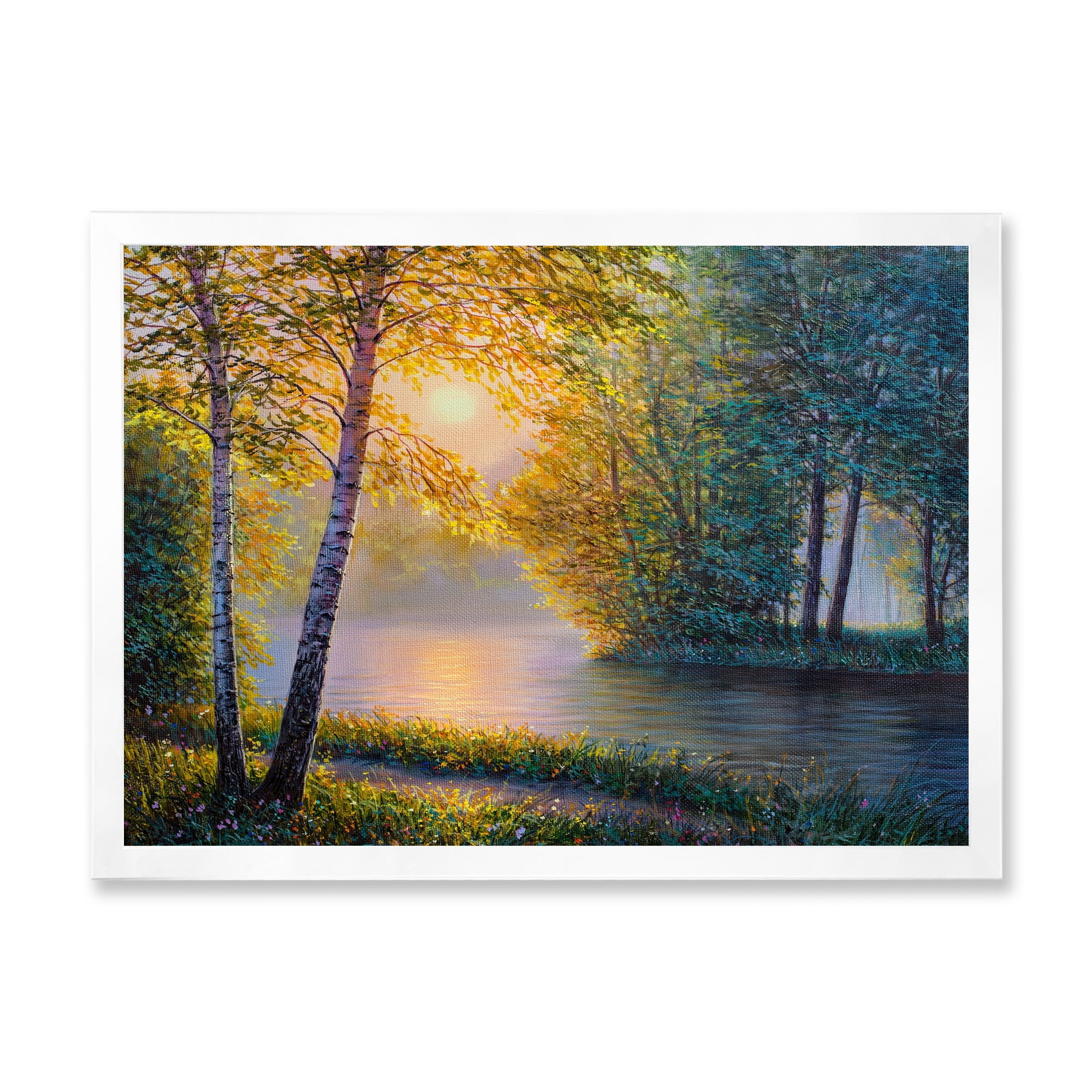 Sunrise Summer With Beautiful River Spring Forest 20 in x 12 in Framed Painting Canvas Art Print, by Designart