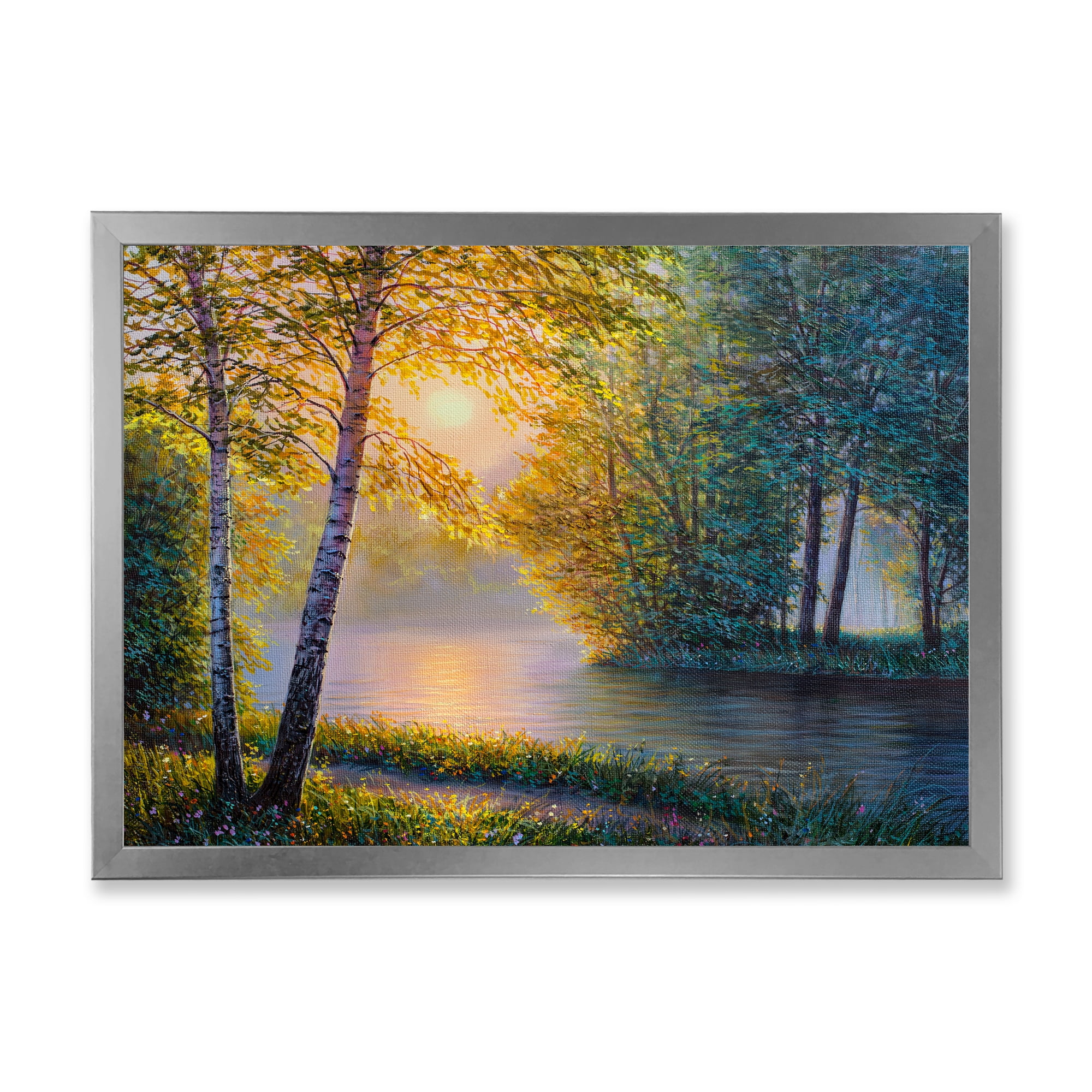 Sunrise Summer With Beautiful River Spring Forest 32 in x 24 in Framed Painting Canvas Art Print, by Designart