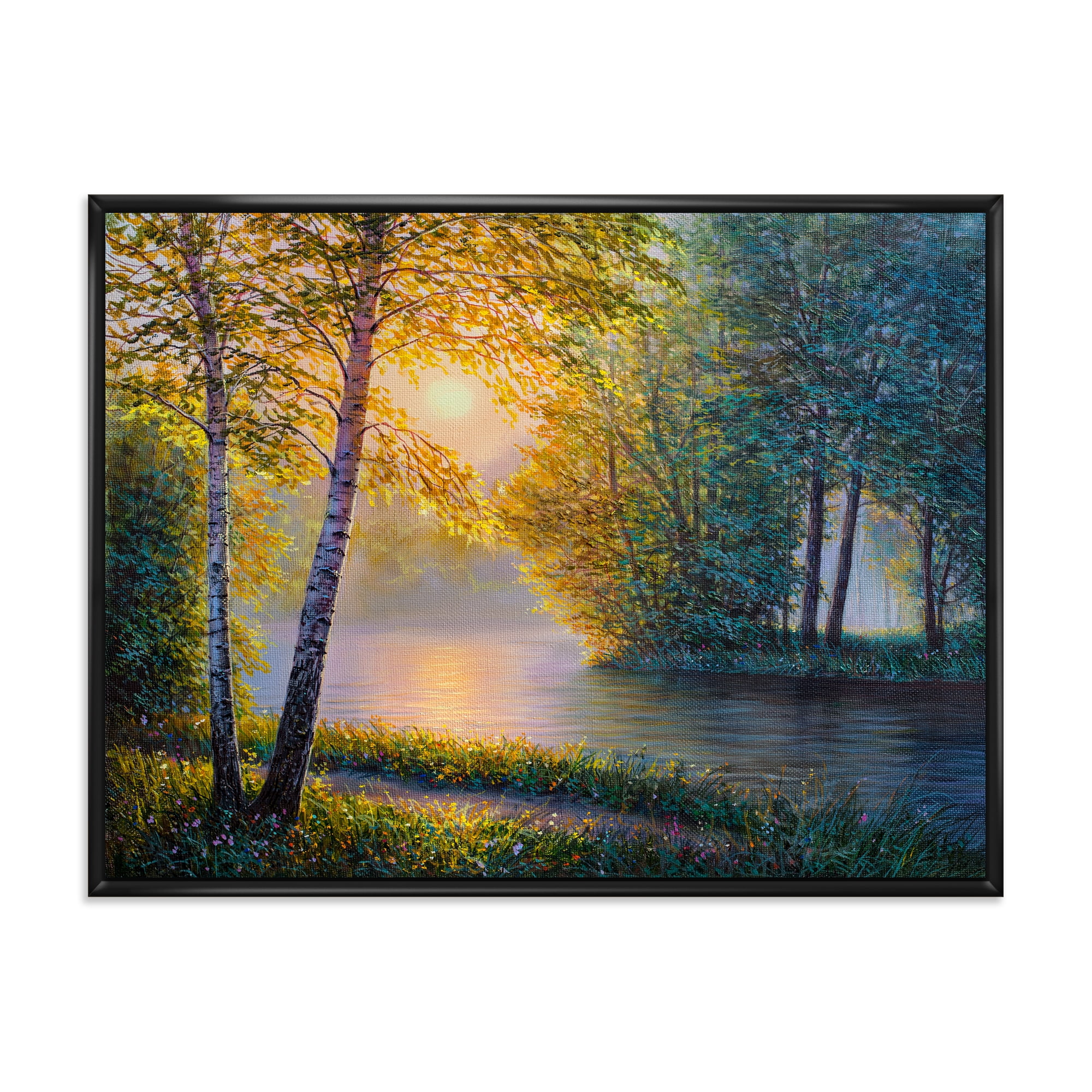 Sunrise Summer With Beautiful River Spring Forest 32 in x 24 in Framed Photography Canvas Art Print, by Designart