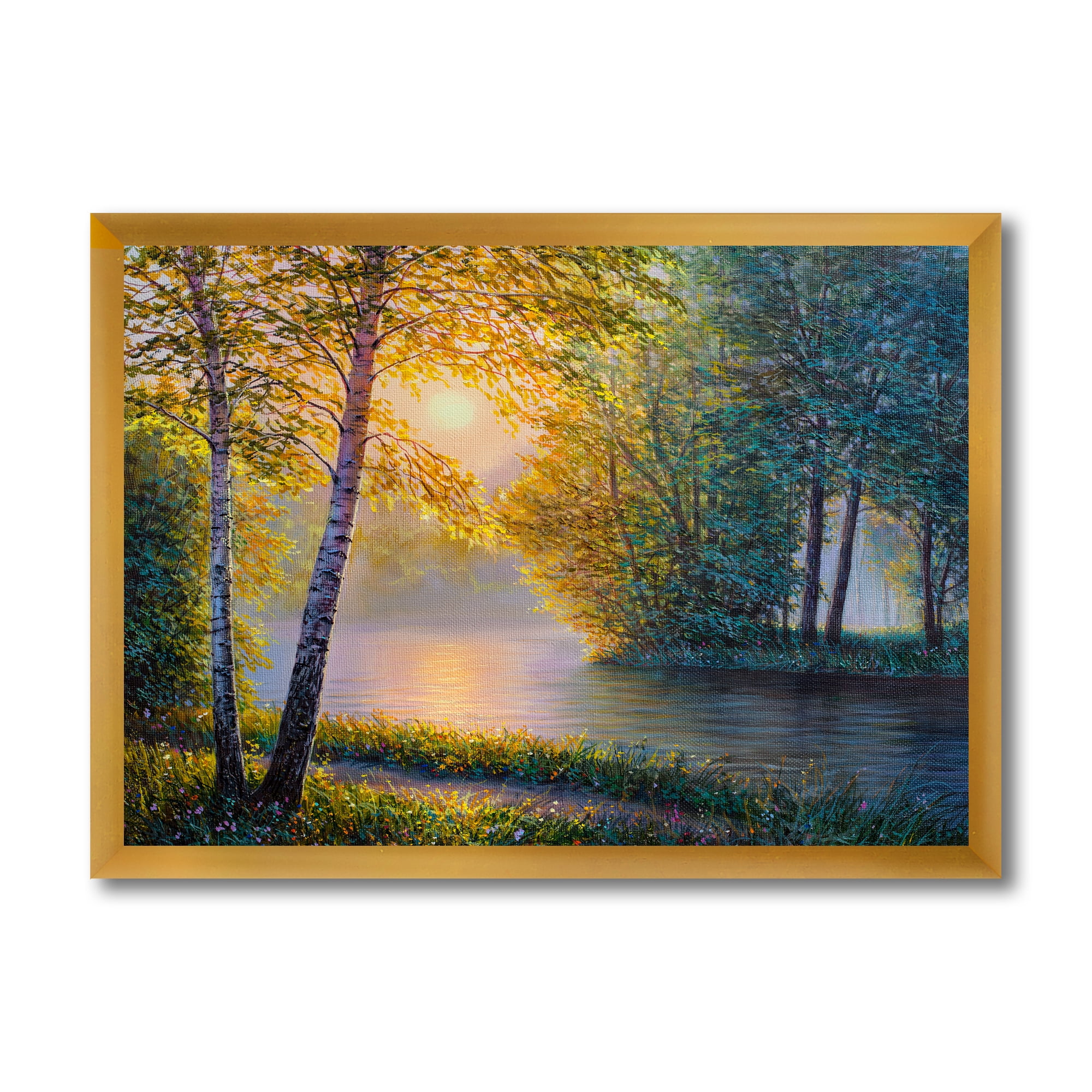 Sunrise Summer With Beautiful River Spring Forest 40 in x 30 in Framed Photography Canvas Art Print, by Designart