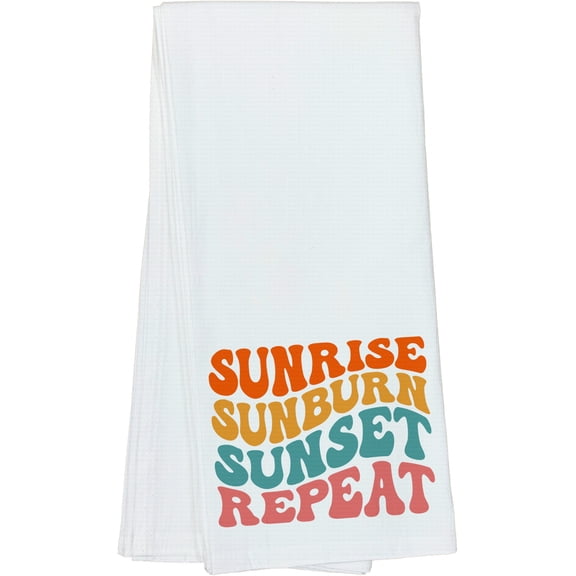 Sunrise, Sunburn, Sunset, Repeat, Summer Themed, Groovy Retro Wavy Text Merch Gift, Dish Towel, 16 x 25 IN