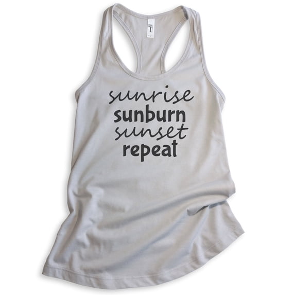 Sunrise Sunburn Sunset Repeat Tank Top, Ladies Racerback Tank Top, Beach Tank, Vacation Tank, Silver Gray, X-Large