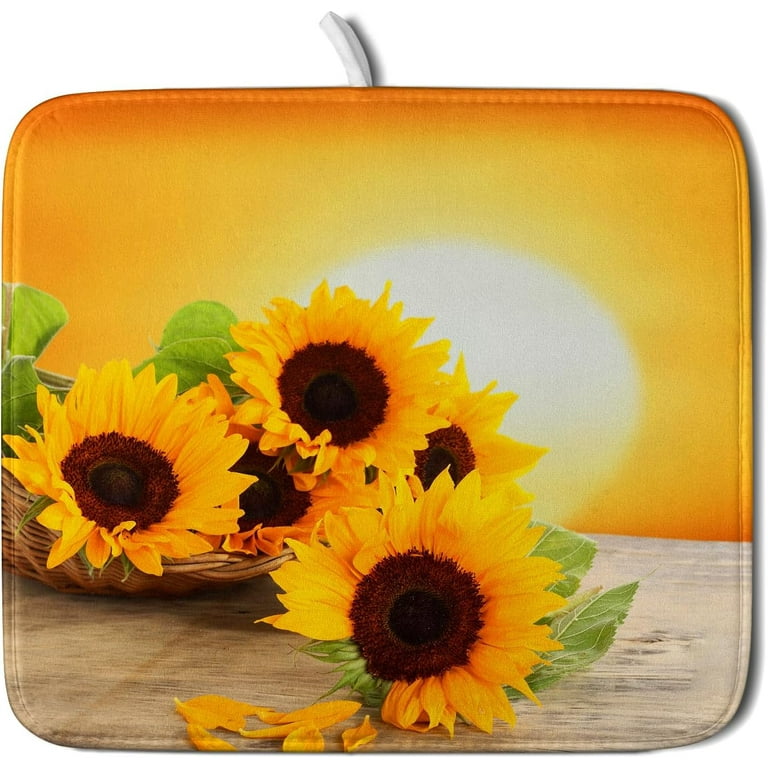Sunrise Sunflower Dish Drying Mat Yellow Sunflowers Dish Drainer Mat 16x18in Absorbent Floral Dish Mat Reversible Flower Drying Pad for Kitchen