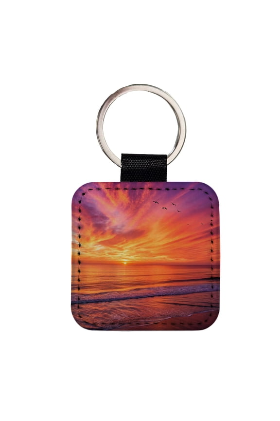 Sunrise Sunset Over The Ocean Beach Faux Leather Square Keychain