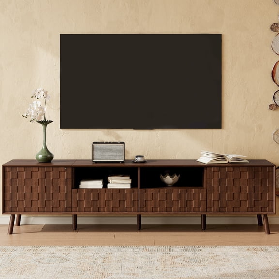 Sunrise Tech 78.7" Modern TV Stand for TVs up to 85 inches, Entertainment Center with Solid Wood Legs, Drawers and Cable Management, Walnut, MDF, for Living Room, Bedroom, Storage Console
