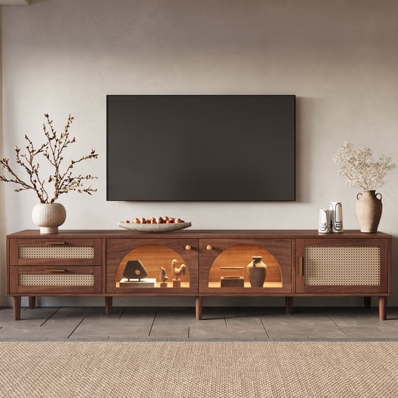 Sunrise Tech 86" TV Stand for TVs up to 90", Entertainment Center with App Controlled LED Lights, 2 Drawers and Glass Door Storage, Modern Media Console for Living Room, Dark Brown