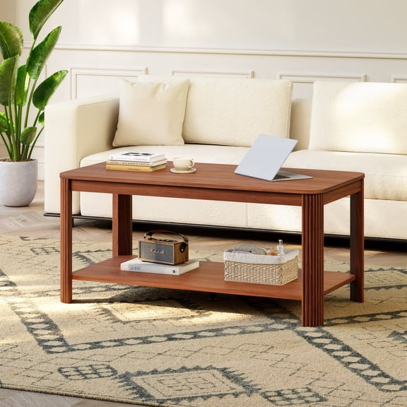 Sunrise Tech Arc Corner Coffee Table with Storage Shelf, Modern Walnut Accent Table with Wave Grain Legs, Minimalist Rectangle Side Table for Living Room, Bedroom, 39.4"L x 20"W x 17.7"H